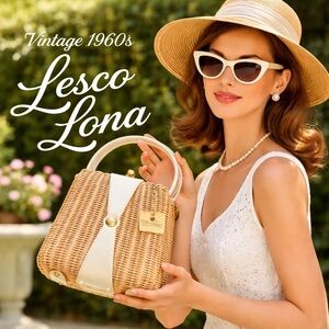 Vintage 1960s Lesco Lona Wicker Purse Hong Kong Top Handle Bag w/ tag natural